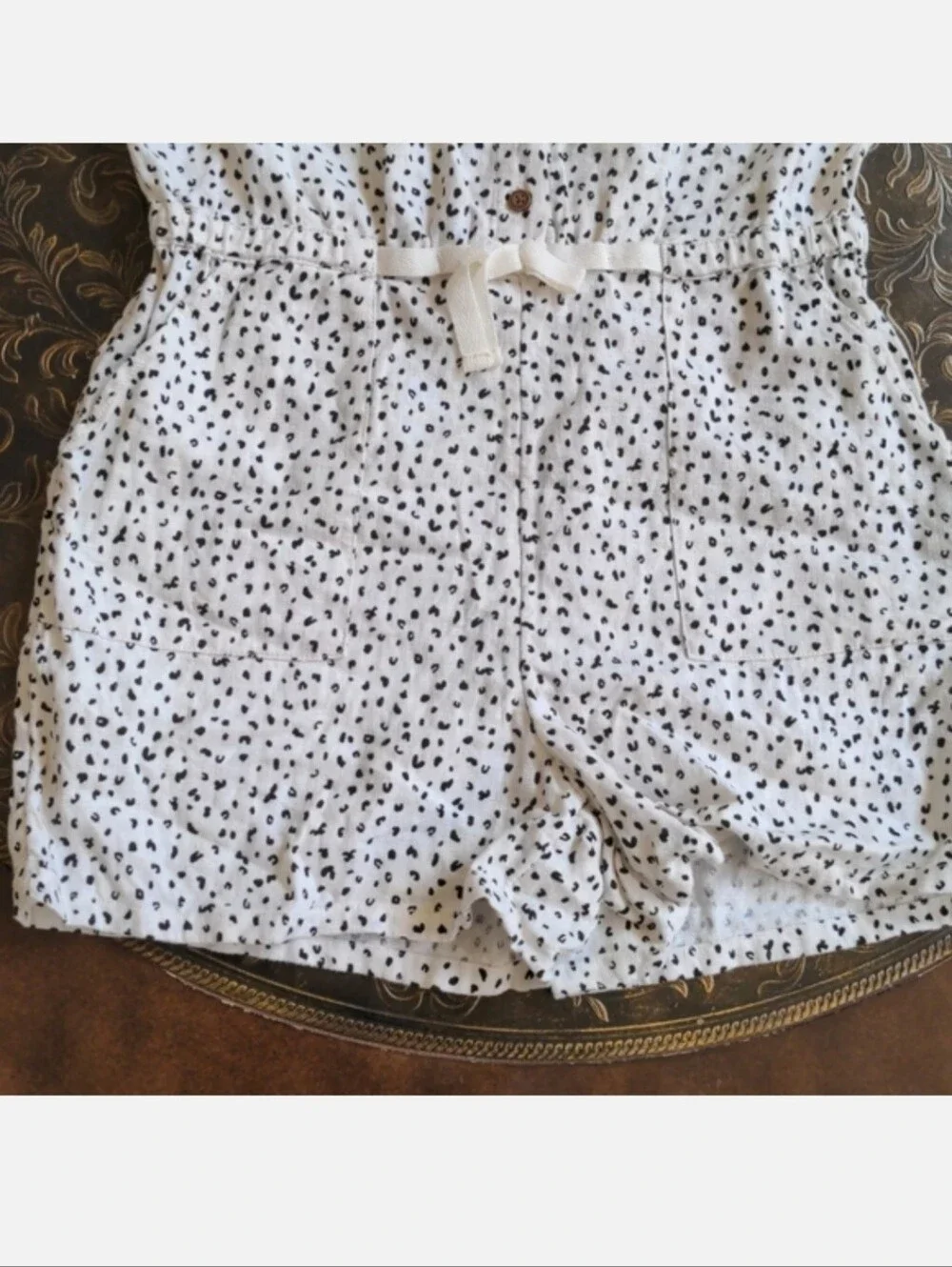 Old Navy Linen Blend Romper Size Girl's XL (14) White & Black Leopard Print EUC